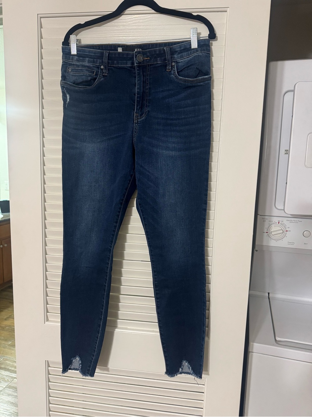 Kut from the Kloth Dark Wash Skinny Jeans with Distressed Hem